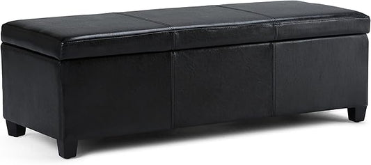 SIMPLIHOME Avalon 48 inch Wide Contemporary Rectangle Storage Ottoman Bench in Midnight Black Vegan Faux Leather, Assembled, for the Living Room, Entryway and Family Room