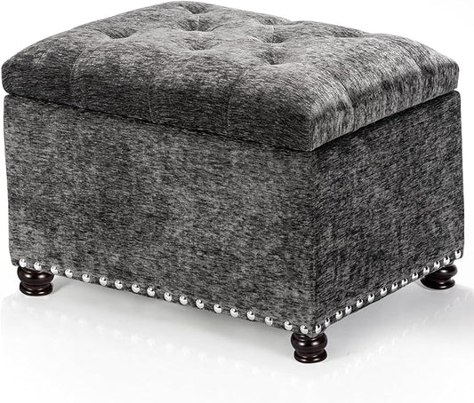 Joveco Storage Ottoman Bench, Rectangle 24" Velvet Foot Rest Stool Square Footstool for Living Room, Bedroom, Charcoal Grey