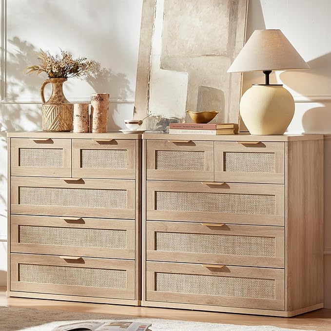 LEYAOYAO Rattan Dresser for Bedroom Set of 2, 33.5" Tall Chest of Drawers, Modern 5 Drawers Boho Dressers with Storage, Light Oak Dresser Wooden Closet Organizer for Living Room, Hallway, Natural Wood