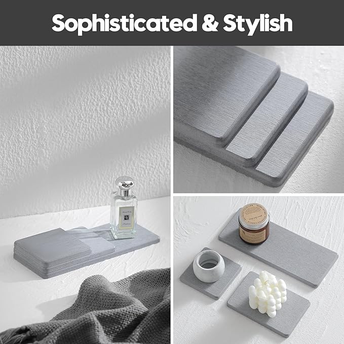 3PCS Bathroom Sink Vanity Trays, Quick Stone Drying Mat Dish Soap Dispenser Sponge Holder for Kitchen Counter, Diatomaceous Earth Water Absorbing Caddy Organizer, Light Grey