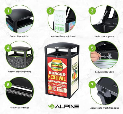 Alpine Outdoor Commercial Trash Can with Lid - 40 Gallon Heavy Duty Metal Garbage Can with Advertising Panels, Removable Bin, Locking Lid for a Modern Look in Pool, Park, Mall (Grey Stones)