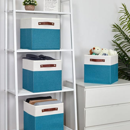 Temary Storage Cube Bins 11 Cube Storage Bins Storage Baskets for Closet, Shelves 4 Pack Fabric Organizer Bins with Leather Handles(White&Teal)