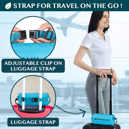 PAVILIA Travel Blanket Airplane Compact with Bag, Soft Packable Plane Blanket Kids Adults, Portable Camping Flight Essentials, Travelers Gifts Accessories, Luggage Backpack Strap, 65x40 Teal Blue