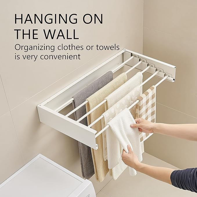 JOOM Laundry Drying Rack Collapsible, Wall Mounted Clothes Drying Rack, Retractable Drying Rack, 31.5" Wide, 5 Aluminum Rods, 60 lb Capacity (White 31.5")