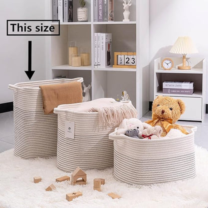 Medium and Large Woven Basket//With Handle, Used for Toys and Fabric Storage Basket used for Storing xl Storage Box, Decorative Storage Box Room (14L*15.7H I White/Black Line, 14L*10W*15.7H)