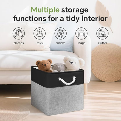13x13 Inch Cube Storage Bins with Reinforced Bottom Cardboard, 6 Pack Large Collapsible Fabric Storage Cubes with Handles for Shelf, Closet, Toy, Laundry Organization (Black&Gray)