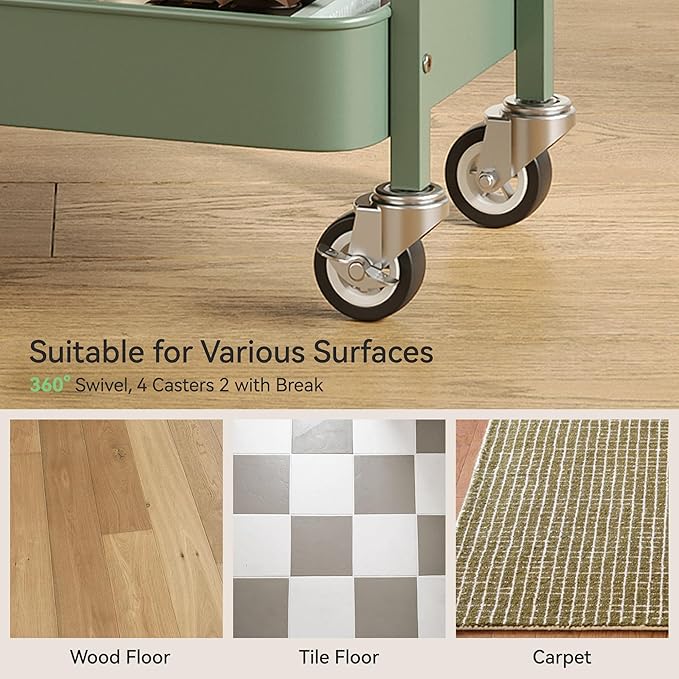 3 Tier Rolling Cart,Utility Cart with Locking Wheels, Hanging Cups,&Hooks, Heavy Duty Metal Storage Organizer Cart for Kitchen,Office, Bathroom,Craft Room,Green