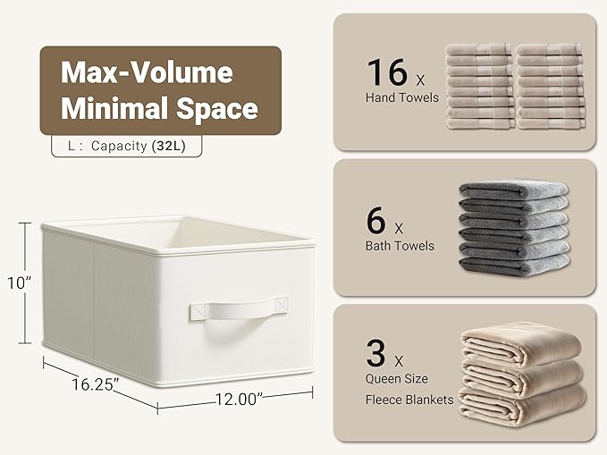 3 Pack Fabric Storage Bins for Shelves | 16.25x12x10in Closet | Collapsible Bins for Organization | Linen Clothes Storage Bins | White & Ivory