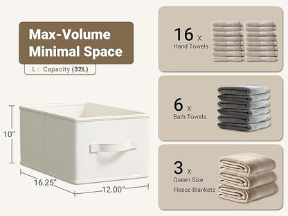 3 Pack Fabric Storage Bins for Shelves | 16.25x12x10in Closet | Collapsible Bins for Organization | Linen Clothes Storage Bins | White & Ivory