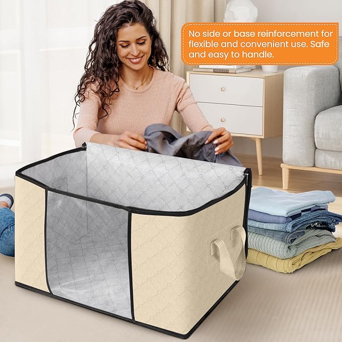 Fab totes 24 Gallons Clothes Storage, Foldable Thick Fabric Blanket Storage Bags, Containers for Organizing Bedroom, Closet, Clothing, Comforter, Organization with Handle (10 Pack,Beige)