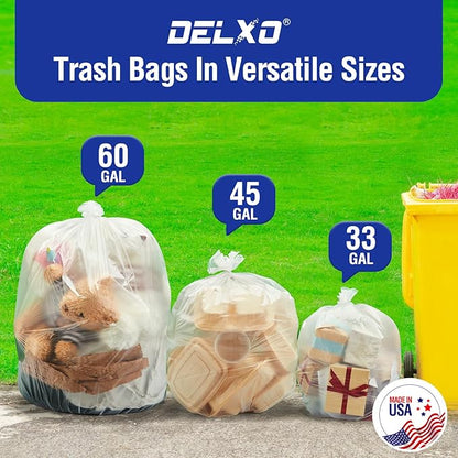 Delxo 40-45 Gallon Clear Trash Bags, 125 Count – Medium Duty Garbage Bags, Thick, Durable & Puncture-Resistant Plastic Can Liners– Made in USA for Kitchen, Yard & Commercial Use