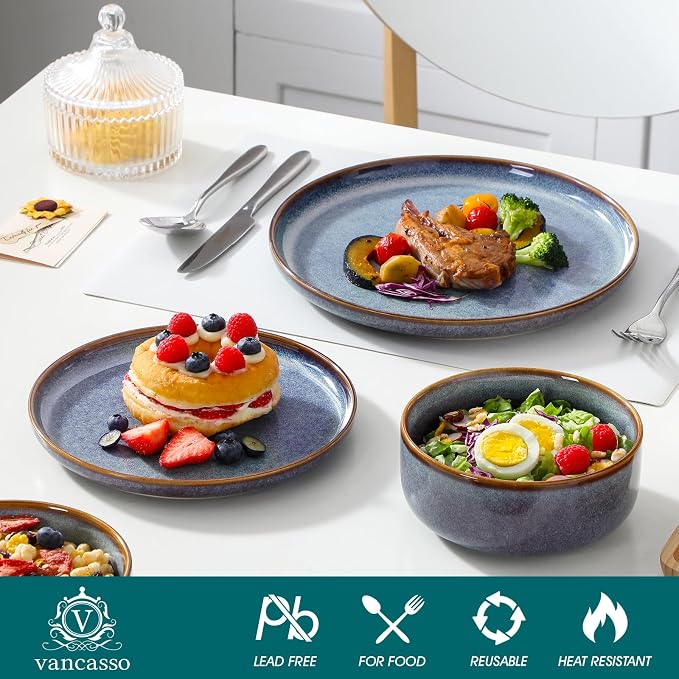 vancasso PLAYA Plates and Bowls Sets, 24 Pieces Grey-Blue Dinnerware Sets