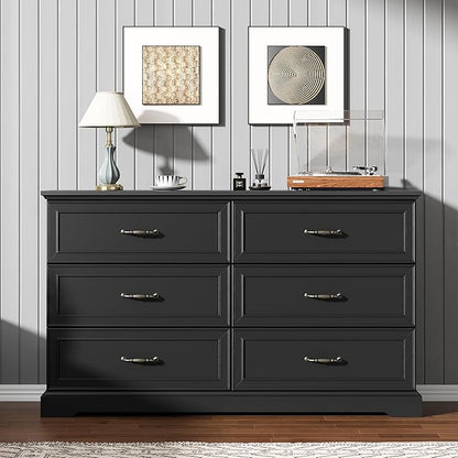 6 Drawer Dresser for Bedroom, 53" Wide Wooden Chest of Drawers, Rustic Farmhouse Dresser with Large Drawers & Metal Handles, Modern Storage Organizer for Closet, Living Room, Hallway, Black