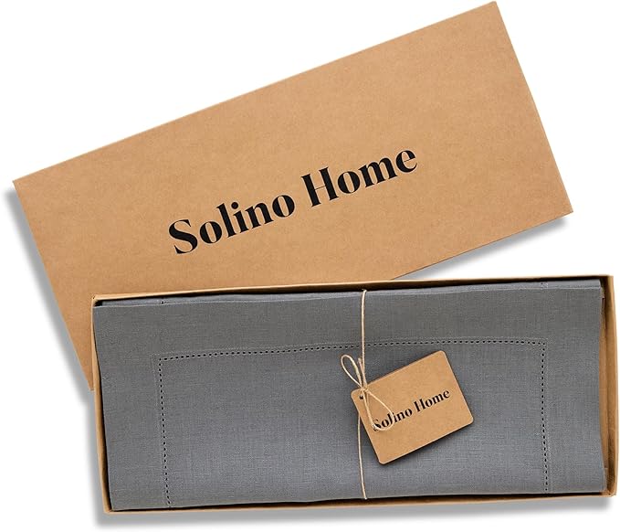 Solino Home Linen Steel Gray Table Runner 90 Inches Long - 100% Pure Linen Hemstitch 14 x 90 Inch Table Runner for Dining - Classic Hemstitch