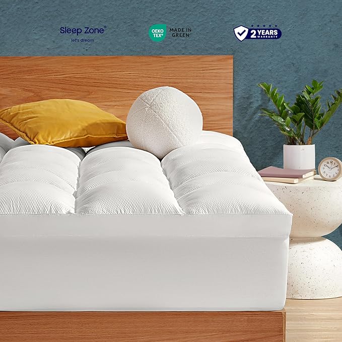 SLEEP ZONE Mattress Topper Full Size, Extra Thick Fitted Mattress Pad for Back Pain, Plush and Support Mattress Cover, Deep Pockets Mattress Protector, Hotel Quality (White, Full)