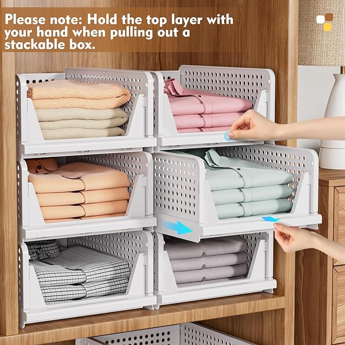 SNSLXH 5 Pack Stackable Closet Organizer Box, Multifunctional & Foldable Closet Storage Basket for Bathroom Kitchen Laundry Room Wardrobe Storage, Space-Saving Clothes Storage Drawer Organizer, Pink