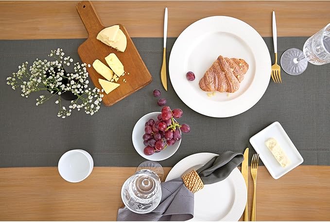 Solino Home Linen Steel Gray Hemstitch Table Runner 36 Inches - 100% Pure Linen Small Table Runner 14 x 36 Inch Ideal for Dresser and Coffee Tables - Classic Hemstitch