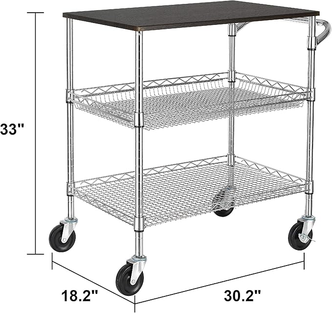 Finnhomy 3 Tier Heavy Duty Commercial Grade Utility Cart with Wood Top, Wire Rolling Cart with Handle Bar, Steel Service Cart with Wheels, Utility Shelf Food Storage Trolley, NSF Listed
