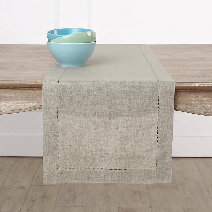 Solino Home Linen Natural Table Runner 36 Inches - Classic Hemstitch, 100% Pure Linen Coffee Table Runner 14 x 36 Inch Ideal for Dresser Tables - Christmas, Holiday, New Year