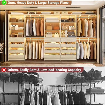 Aheaplus Closet System Set of 3, 138.5" Wood Closet Organizer System Tower with 12 Drawers & 4 Hanging Rods, 6.7+4.85Ft L Shaped Walk-in Closets Wardrobe Organizer Garment Rack with Shelves, White Oak