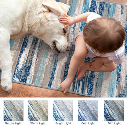 Modern Abstract Runner Rug 2.6x8, Blue Washable Kitchen Runner Non-Slip Soft Hallway Rug Runner Thin Print Faux Wool Carpet for Entryway Bedroom Laundry Room Indoor Home Decor