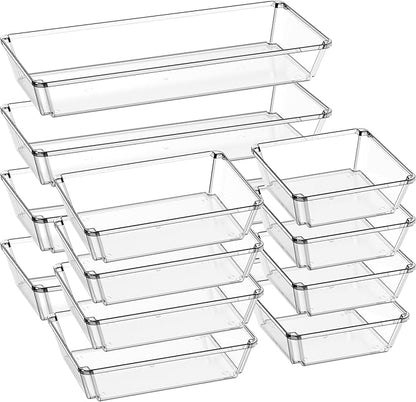 12 Pack Large Clear Plastic Drawer Organizer Trays, Desk Drawer Organizers and Storage Dividers, Non-Slip Storage Bins for Jewelry, Snacks, Office, Bathroom, Bedroom and Kitchen