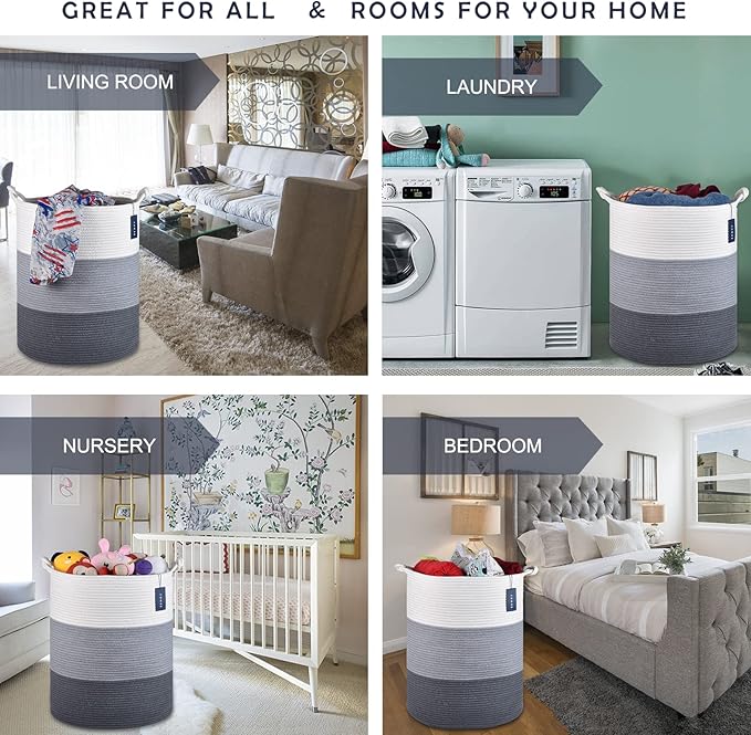 COMSE Laundry Hamper, Extra Large 15.7"x 21.7", Cotton Rope Basket, Portable, White & Light Gray & Dark Gray