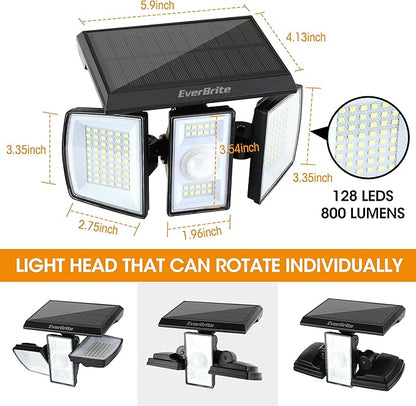 EverBrite Solar Outdoor Lights, 128 LED 7000K Solar Motion Sensor Lights, 3 Heads Security LED Flood Light, 270° Wide Lighting, IP65 Waterproof, Wall Light for Yard Patio Garden Pathway Porch
