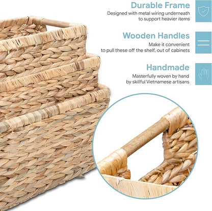 Water Hyacinth Storage Baskets with Wooden Handles, Rectangular Woven Organizer Bins for Closet, Pantry, Bathroom, or Shelves, Natural Decorative Storage Baskets for Home Organization – Set of 3