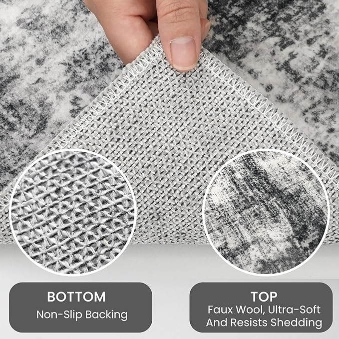 IOHOUZE Abstract Round Area Rug 8 Ft Washable Circle Rugs Large Round Rug Non Slip Thin Soft Circle Rugs, Printed Faux Wool Floor Carpet for Bedroom Living Room Dining Room Nursery, Black Grey