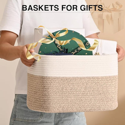 Woven Cotton Rope Storage Basket for Organizing, Cute Decorative Baskets for Gifts Empty, Organizer Bins for Dog Toy, Baby Laundry, 15“×11”×9.5“, Off White & Brown