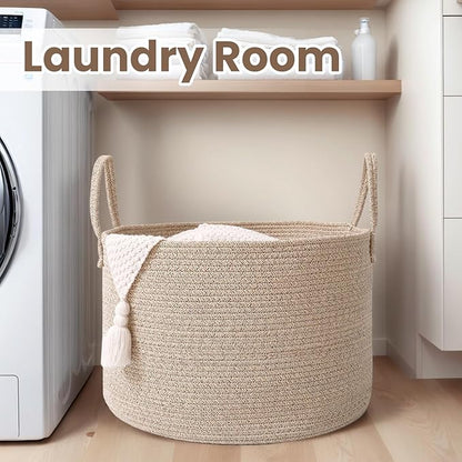 Woven Blanket Basket,115L Large Rope Storage Bin with Handles, Organizer for Blankets Toys Book and Clothes, Laundry Basket for Living Room Bedroom Nursery,Oatmeal