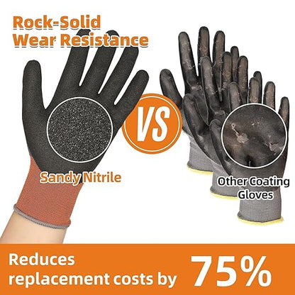 Schwer 12 Pairs Safety Work Gloves with Sandy Nitrile Coating, ANSI A1 Cut Resistant Heavy Duty Working Gloves with Grip for Men Women, Ideal for General Use, Mechanic, Construction, Gardening, M