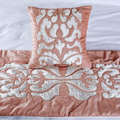 The HomeCentric Luxury Peach & Ivory Twin 53 x 18 inch Bed Runner Without Pillow Cover, Velvet Applique Bed Scarf, Abstract Modern - Peach Elegance