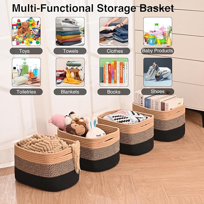 Storage Baskets for Shelves Organizing, Woven Cotton Rope Baskets for Storage, Book Basket, Towel Basket, 12.5"Lx9.1''Wx7.9''H (4 Packs) Gradient Black & Jute