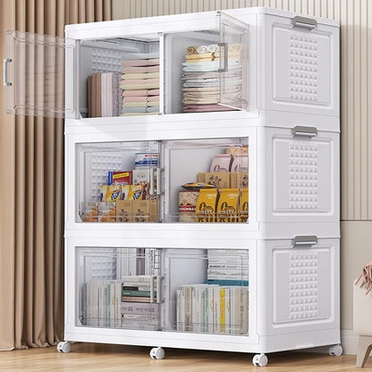 BROVIEW 52.7"H 150Gal Plastic Storage Bins with Lid & Wheels,3Pack Extra Large Stackable Storage Bins with Dividers,Closet Organizers and Storage Cabinet Collapsible Box Shelves for Home Kitchen,White