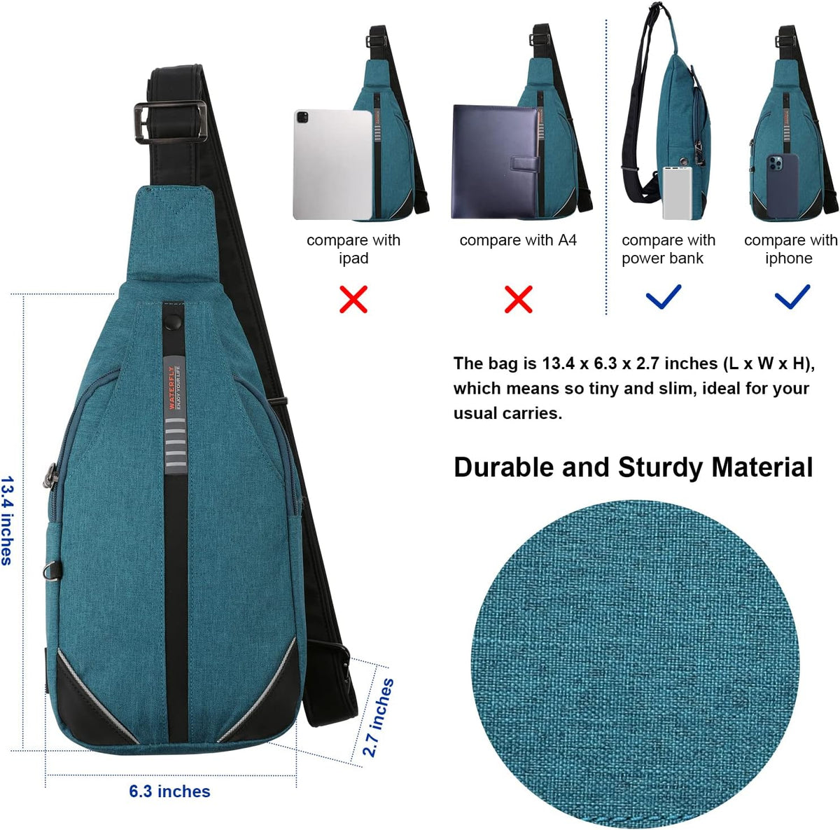 WATERFLY Small Crossbody Sling Backpack Anti Theft Backpack for Traveling Chest Shoulder Bag