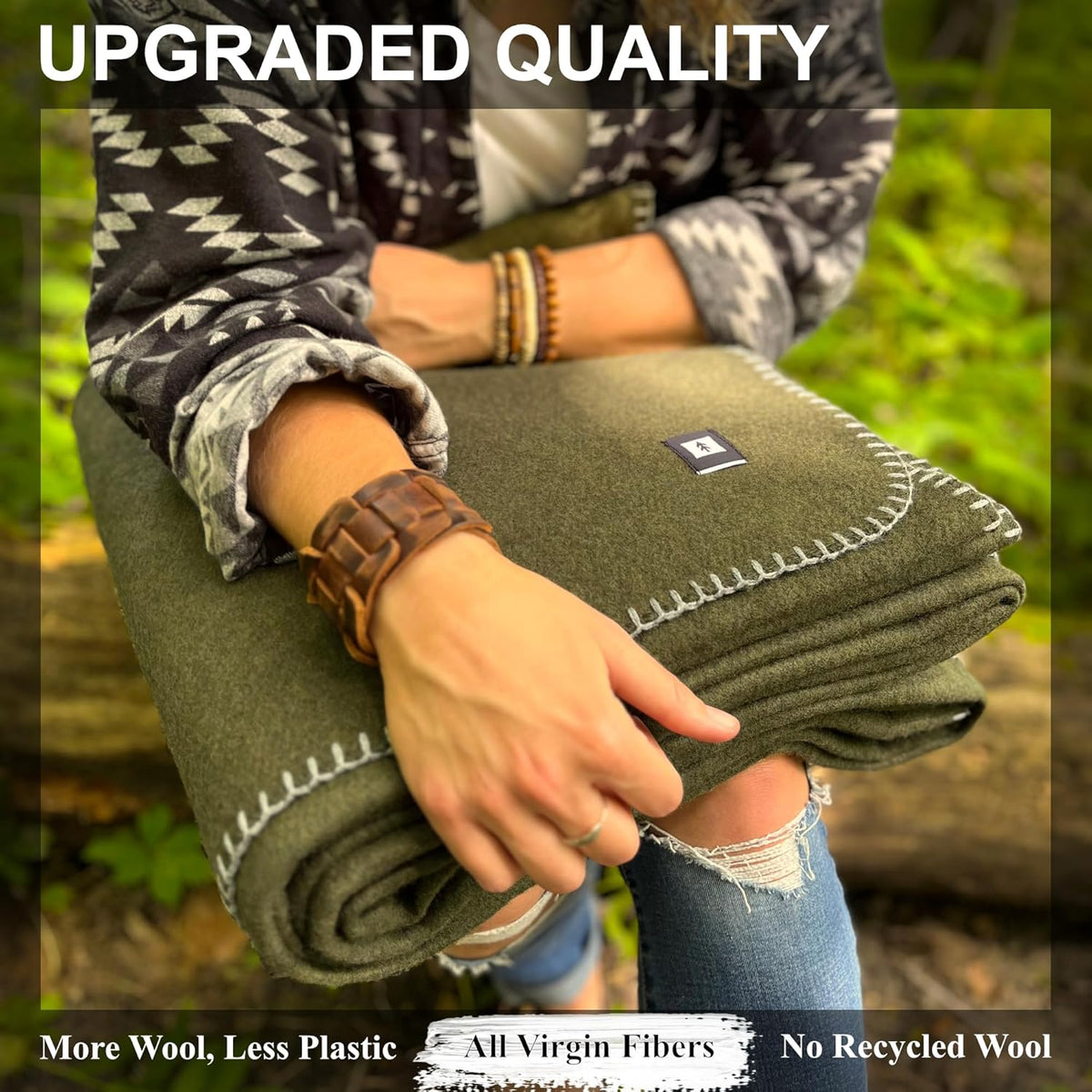 EKTOS 100% Virgin Wool Blanket, 90" x 108", Best Camp Bedding, Extra Large, Washable (Olive Green, King Size)