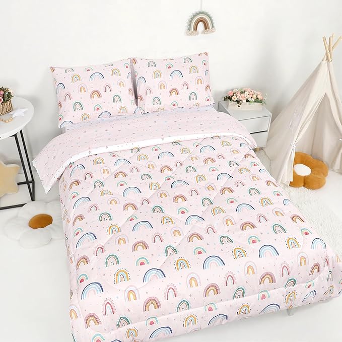 Twin Size Toddler Bedding Set for Girls 5 Piece Toddler Girl Bedding, Super Soft Toddler Comforter Set Includes Comforter, Flat Sheet, Fitted Sheet, Pillowcase (Pink Cute Rainbow)