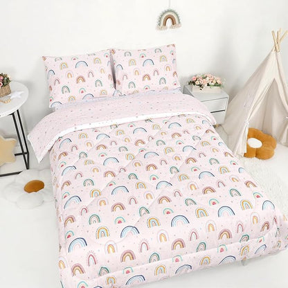 Twin Size Toddler Bedding Set for Girls 5 Piece Toddler Girl Bedding, Super Soft Toddler Comforter Set Includes Comforter, Flat Sheet, Fitted Sheet, Pillowcase (Pink Cute Rainbow)