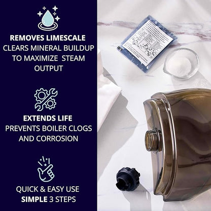 Garment Steamer Descaling Solution Decalcifier Packets for Mineral Deposits and Build-up Removal, Maintenance for Clothes, Works with all Garment Steamer Brands, Cleans Build Up, 5 packs