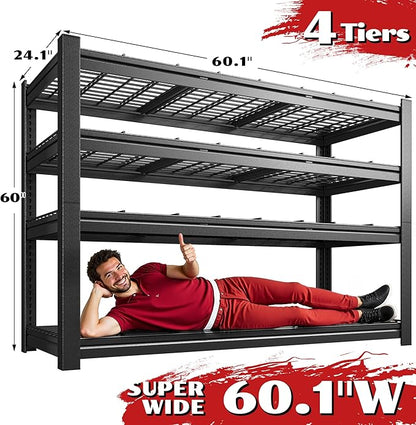 60.1" W Storage Shelves Extra Wide Metal Shelving 2500LBS Garage Shelving Adjustable 4 Tier Garage Shelves Industrial Metal Shelf for Basement Warehouse Shop 60.1" W x 24.1" D x 60" H