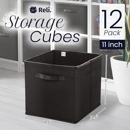 Reli. 11 Inch Cube Storage Bins (12 Pack) | Cube Organizer Bins | 11x11 Fabric Storage Boxes | Collapsible, Foldable Fabric Cubby Box (Square) | Bedroom, Office, Home Organization