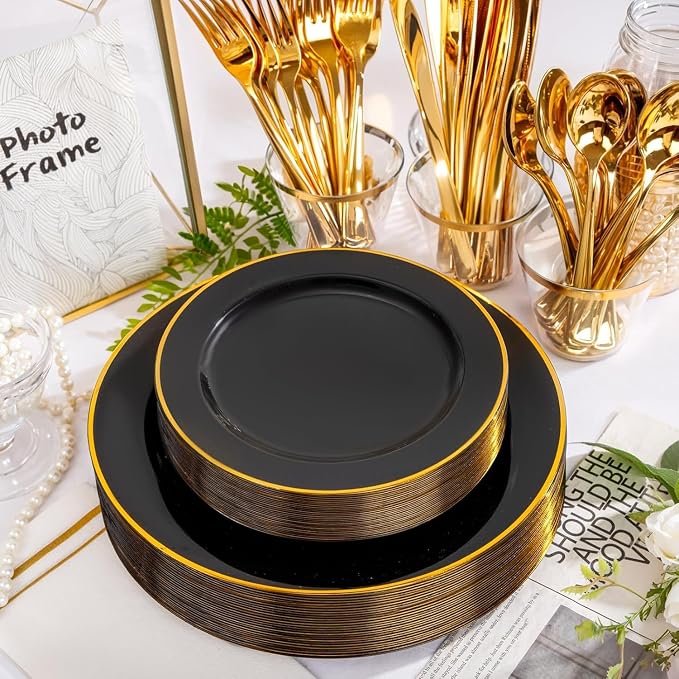 SUT 175 Piece Black and Glod Plastic Dinnerware Set