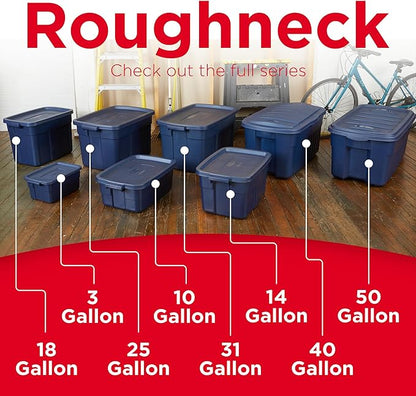 Rubbermaid Roughneck Tote 18 Gal, 6 Pack, Made in USA, Dark Indigo Metallic, Rugged Plastic Stackable Storage Bins with Lids and Handles