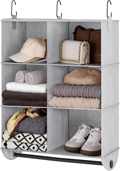 StorageWorks Hanging Closet Organizer with Metal Rod, 6-Section Closet Organizers and Storage, Collapsible Hanging Shelves for Closet, Bedroom, Kids Dorm Room, RV Camper, Grey and White