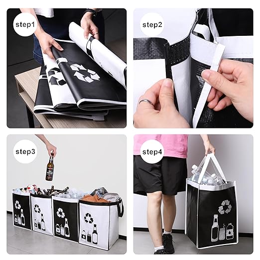 Recycle Waste Bag for Kitchen Home- Indoor Recycling Bins Trash Sorting Organizer, Reusable and Waterproof, 4 Pack