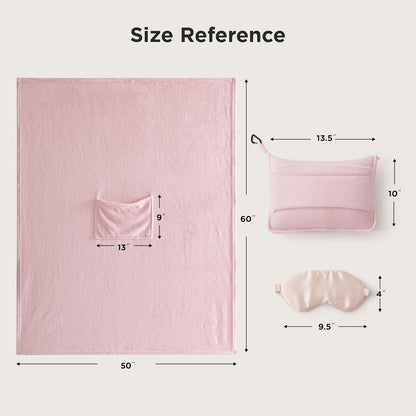 Bedsure Travel Blanket Airplane Compact with Storage Bag, Packable Blanket with Eye Mask, Lightweight 2-in-1 Travel Essentials, Functioned as Pillow for Airplane Comfort and Warmth, Pink