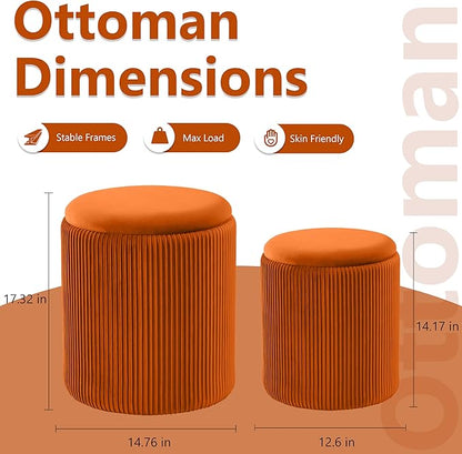 Round Ottoman with Storage Set of 2,Vanity Stool with Storage for Bedroom, Ottoman Coffee Table,Small Velvet Foot Stool for Living Room, Orange