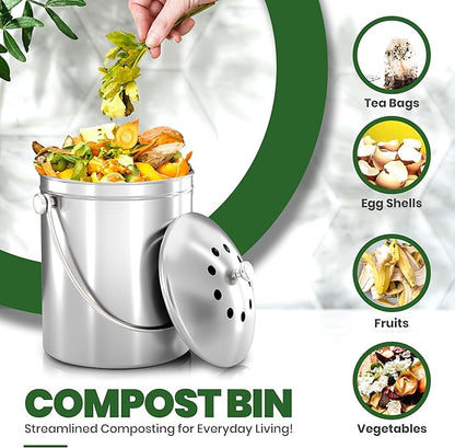 Utopia Kitchen Indoor Compost Bin Kitchen, Odorless Composting with Charcoal Filter, 1.3 Gallon Stainless Steel Large Composter for Countertop & Under Sink, Easy Cleaning, One Extra Filter - (Silver)
